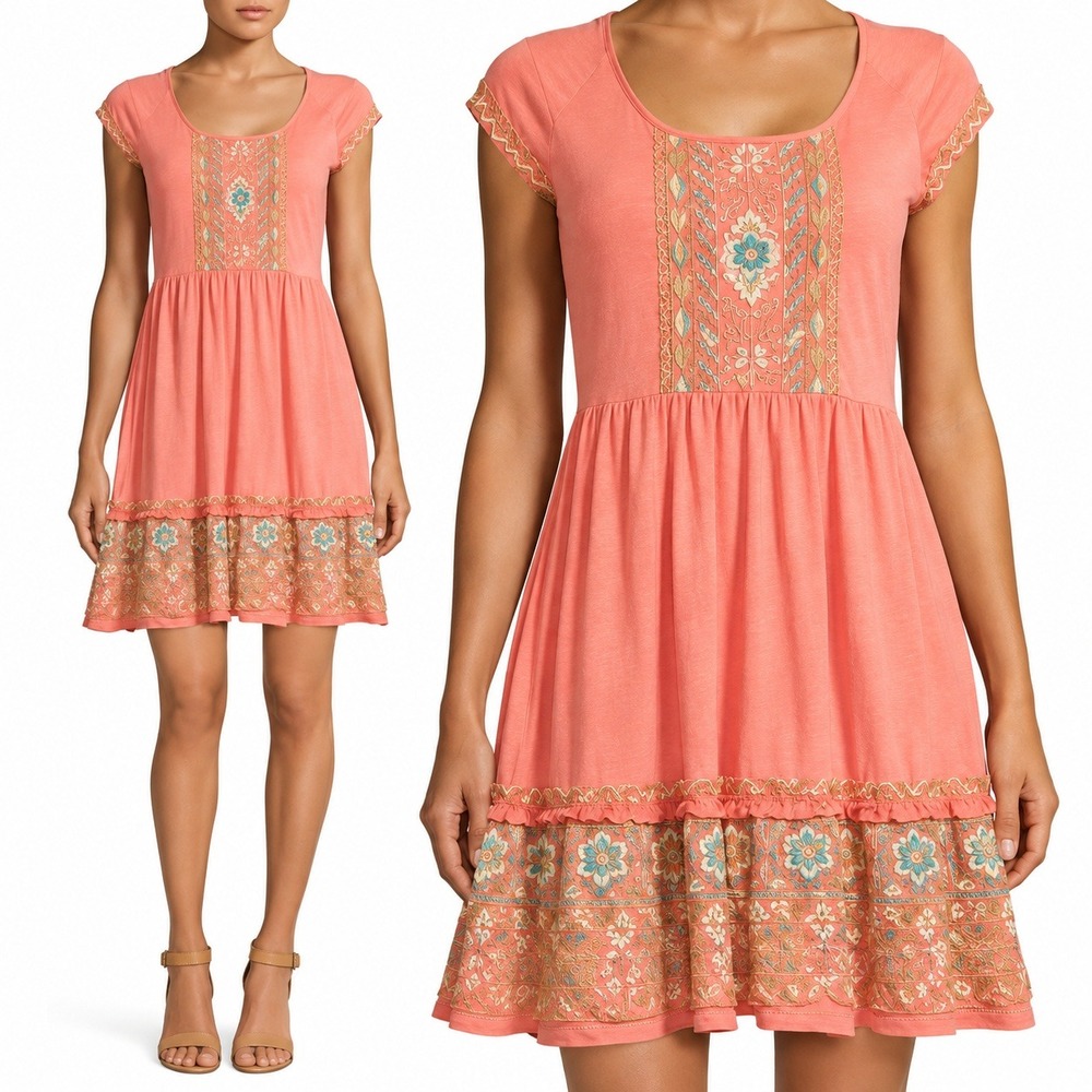 Johnny Was Evan Button Back Dress Size XS NEW Coral Pink Embroidered Boho Hippie